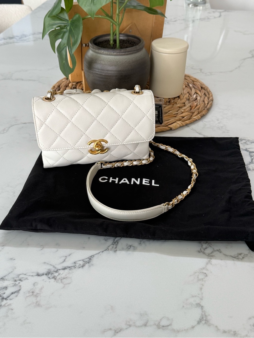 Chanel 22S White Lambskin Small Flap Bag Chunky Chain Gold Hardware